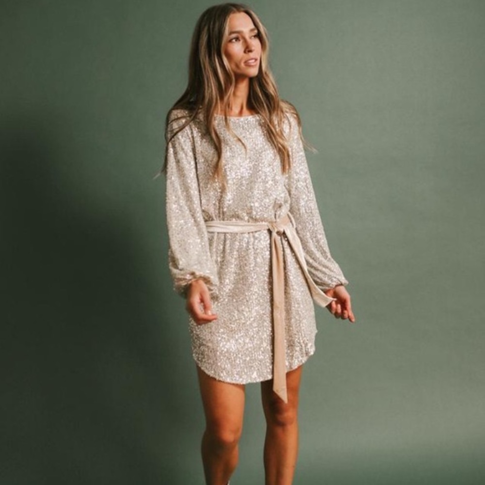 Dress Forum Champagne Sequin Long Sleeve Mini Dress